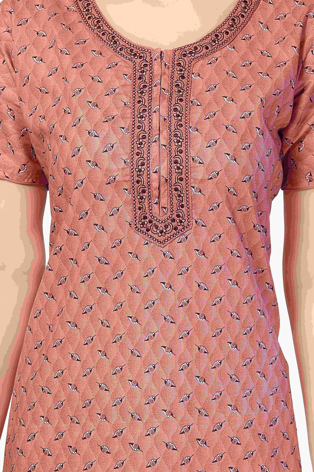 Women's Cotton Nighty With Short Sleeves, Embroidered Round Neck, Front Zip, And Floral Design
