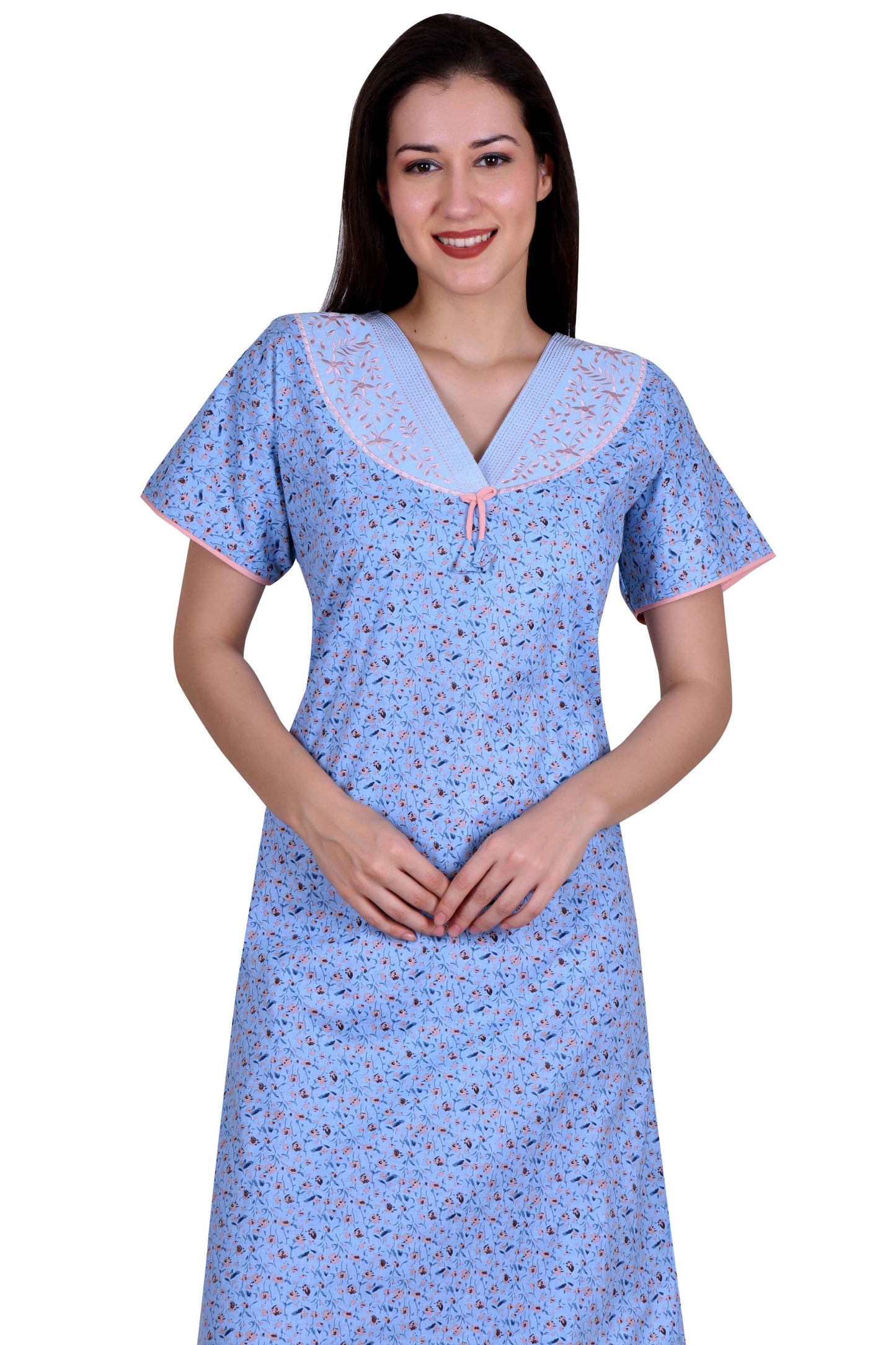 Women's Cotton Nighty With Short Sleeves, Embroidered V- Neckline, And Elegant Lace Accents