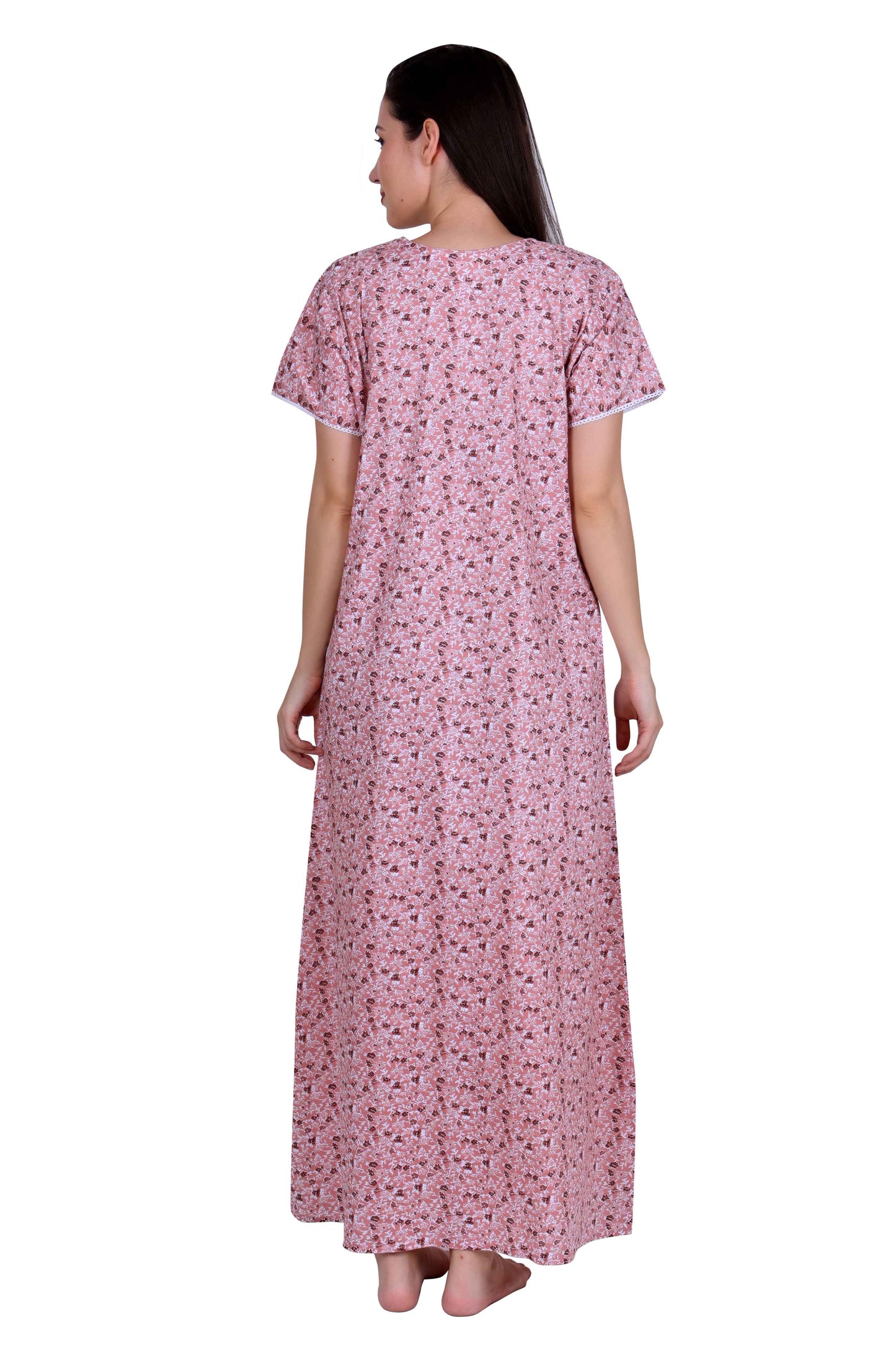 Women's Cotton Nighty With Short Sleeves, Embroidered Round Neckline, And Elegant Lace Accents