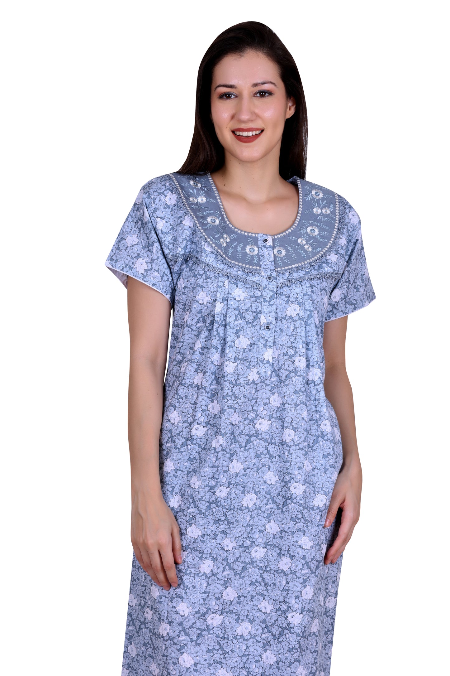 Women's Cotton Nighty With Short Sleeves, Embroidered Round Neckline, And Elegant Lace Accents