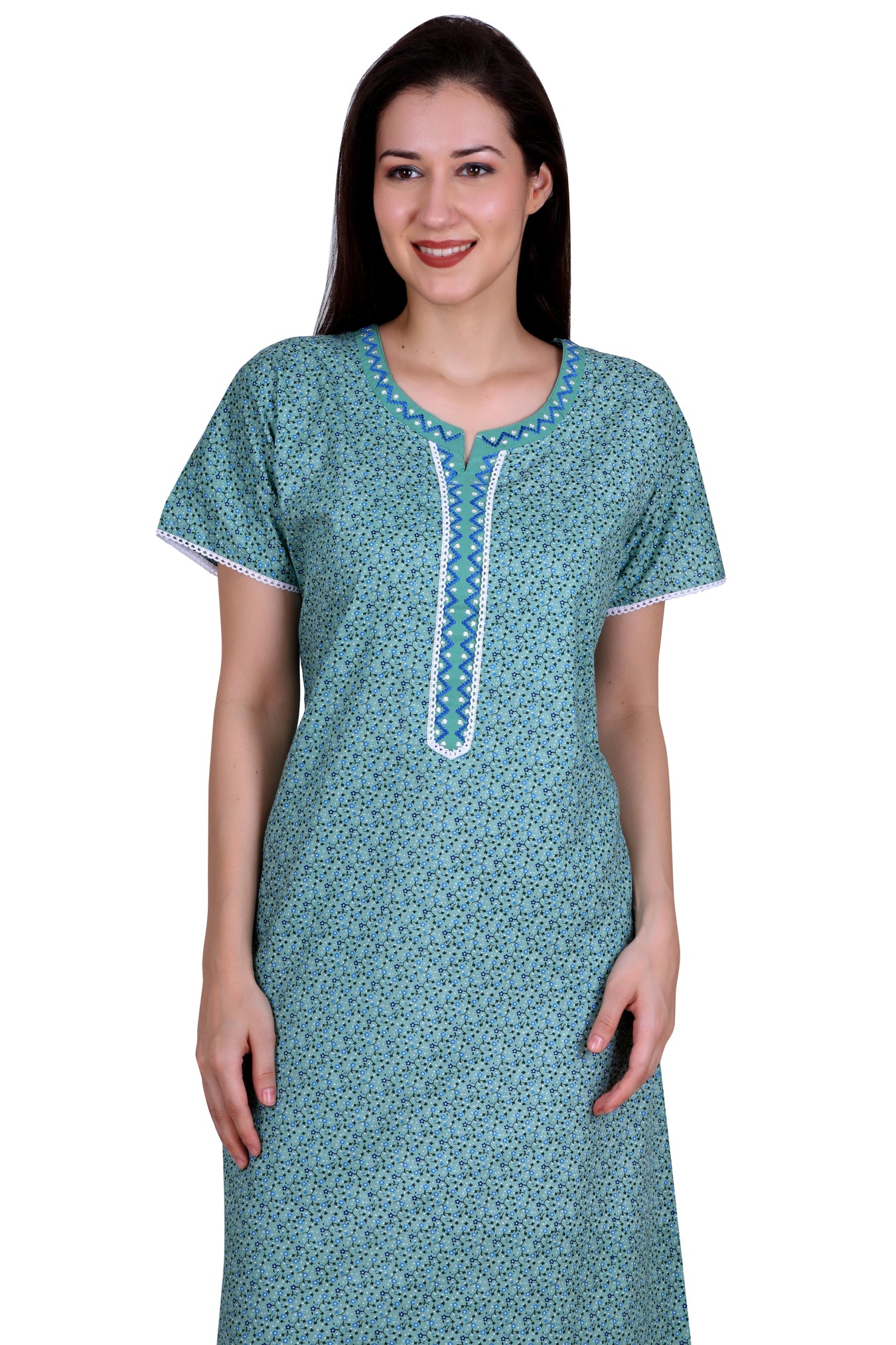 Women's Cotton Nighty With Short Sleeves, Embroidered Round Neckline