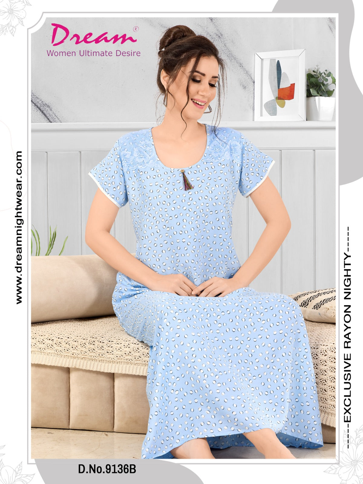 Floral Print Short Sleeve Round Neck Rayon Nighty With Side Pocket