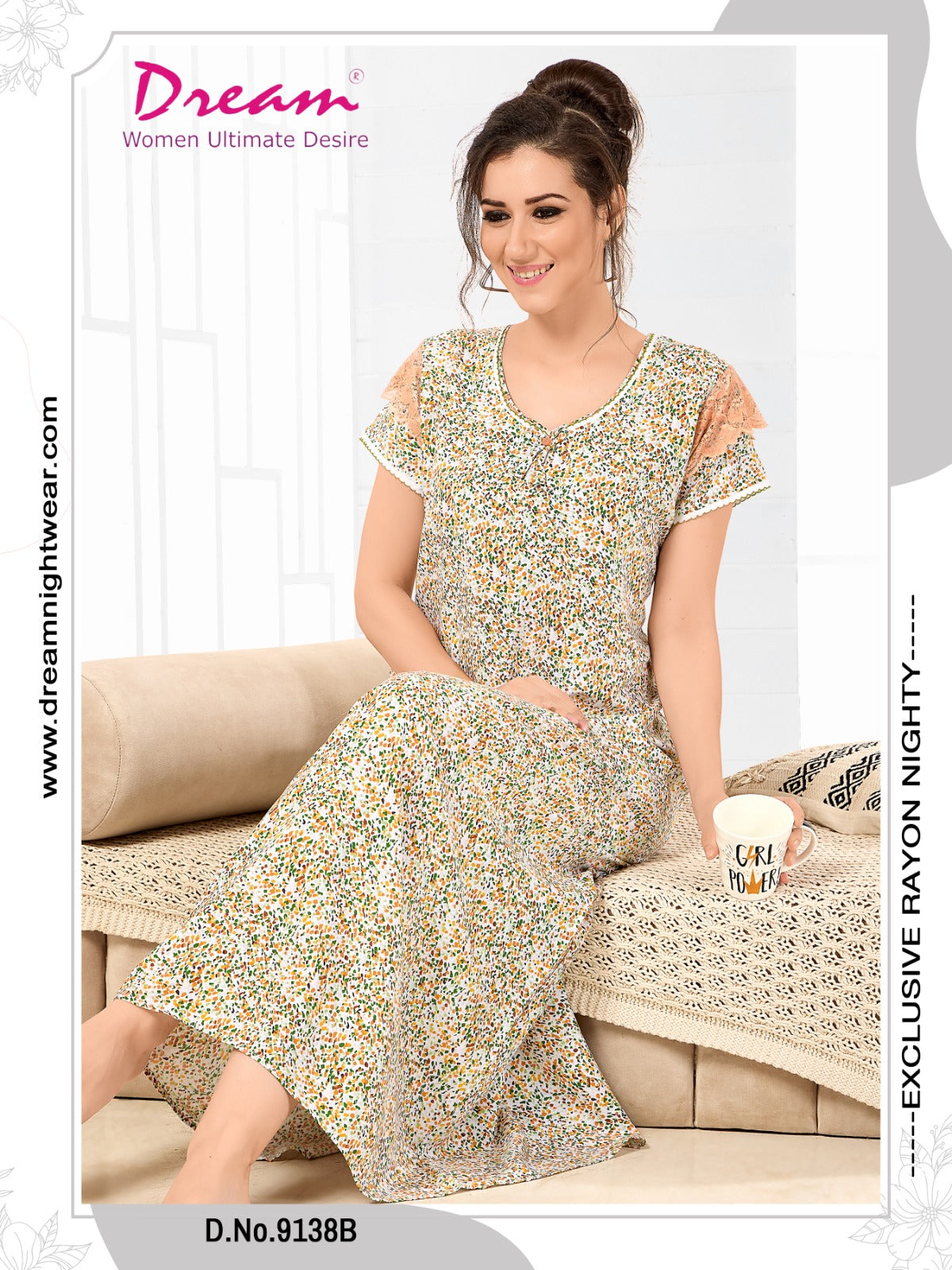 Floral Print Short Sleeve Round Neck Rayon Nighty With Side Pocket