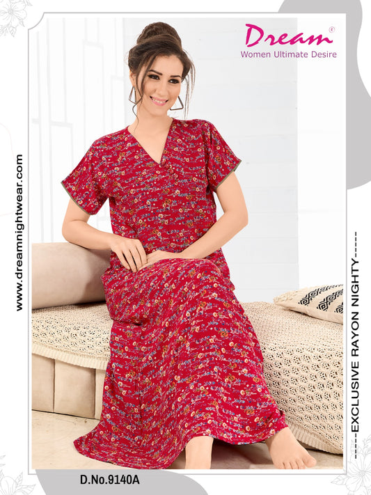 Floral Print Short Sleeve V Neck Rayon Nighty With Side Pocket