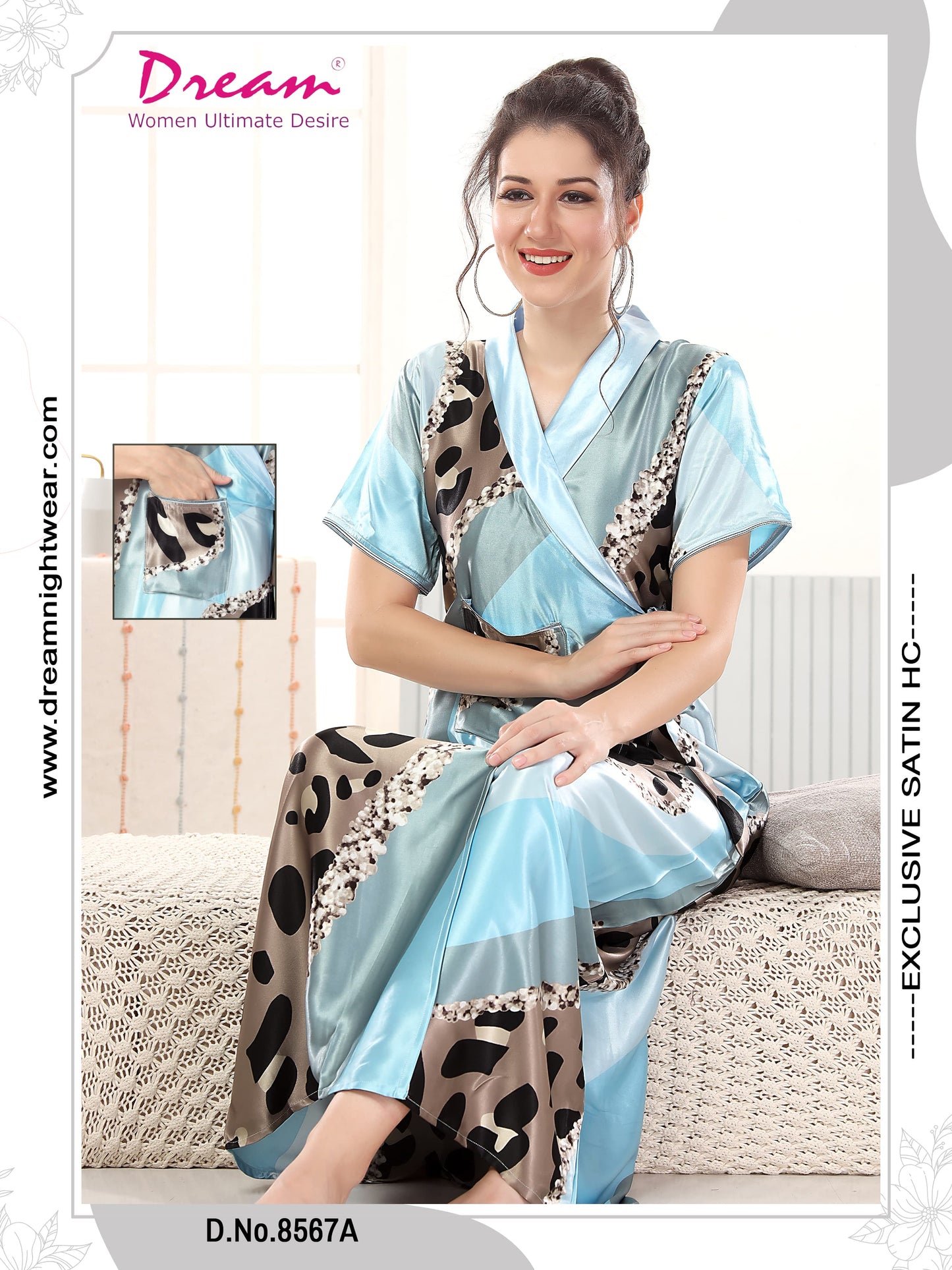 Women's Digital Print Satin Robe With Belt, Short Sleeves