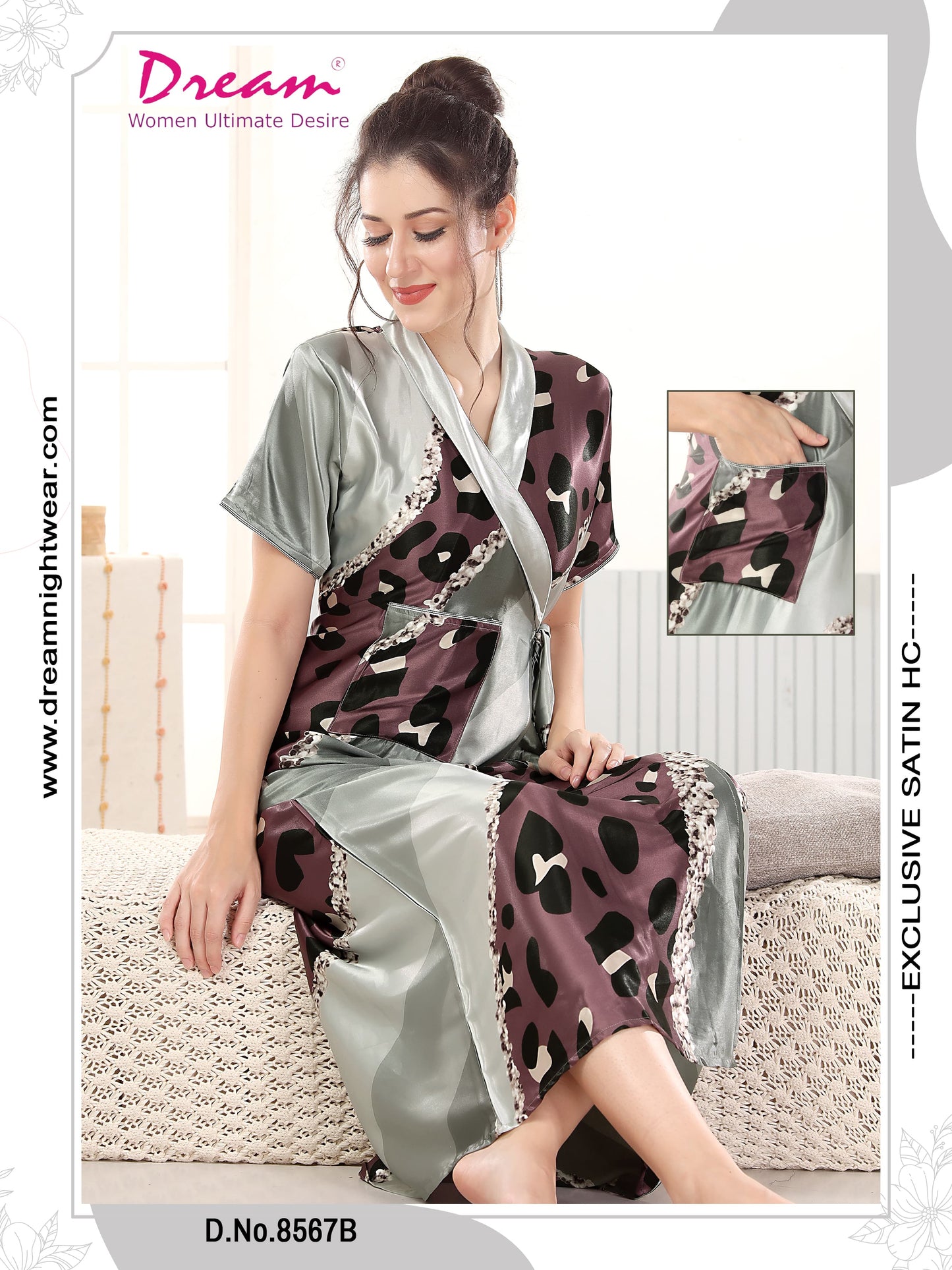 Women's Digital Print Satin Robe With Belt, Short Sleeves