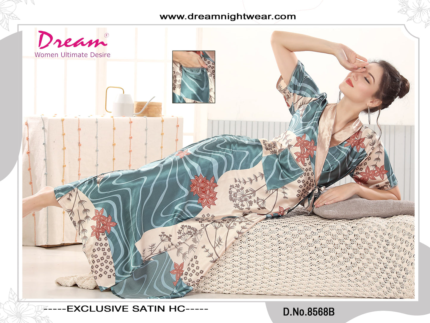 Women's Digital Print Satin Robe With Belt, Short Sleeves