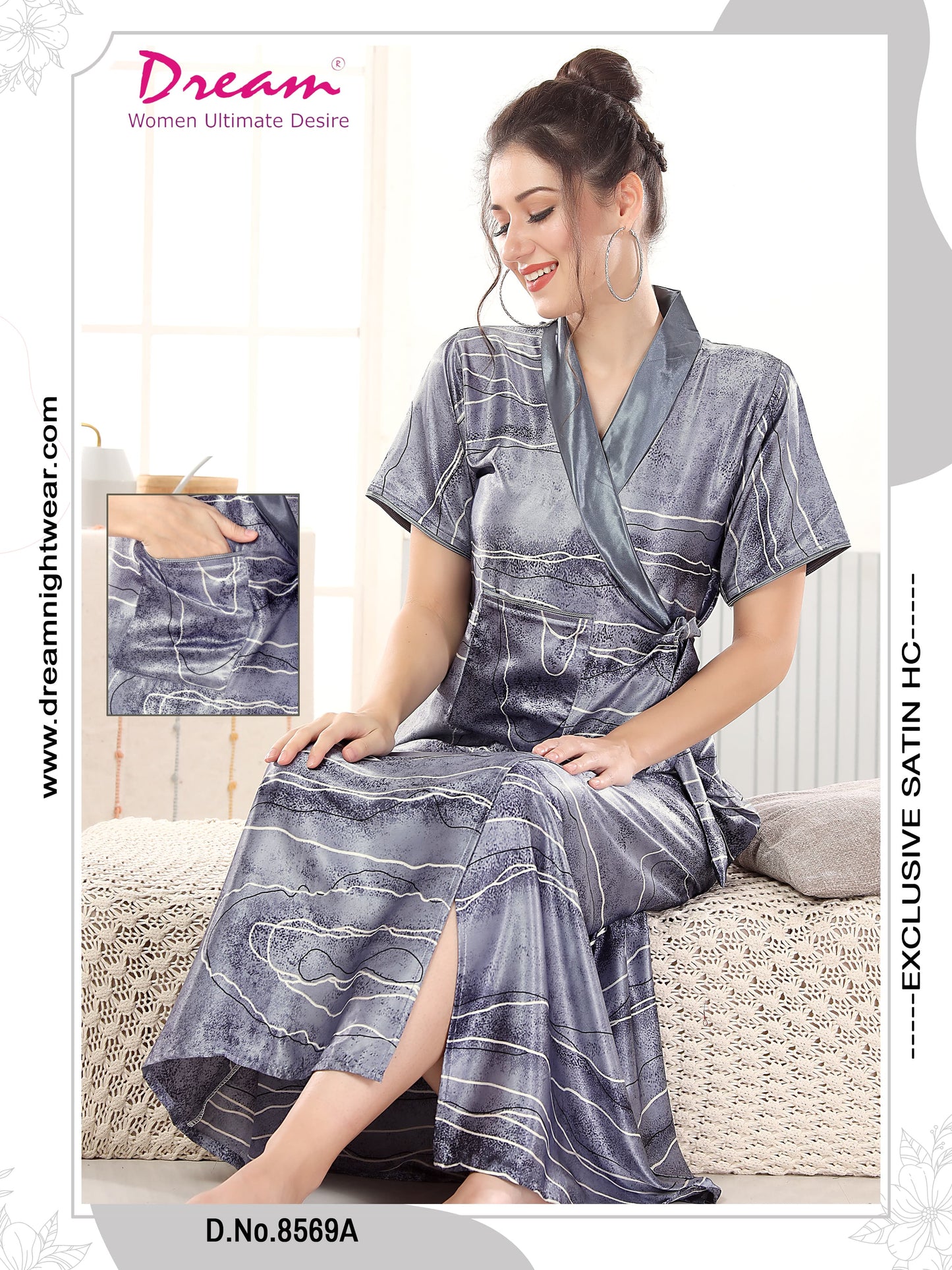 Women's Digital Print Satin Robe With Belt, Short Sleeves