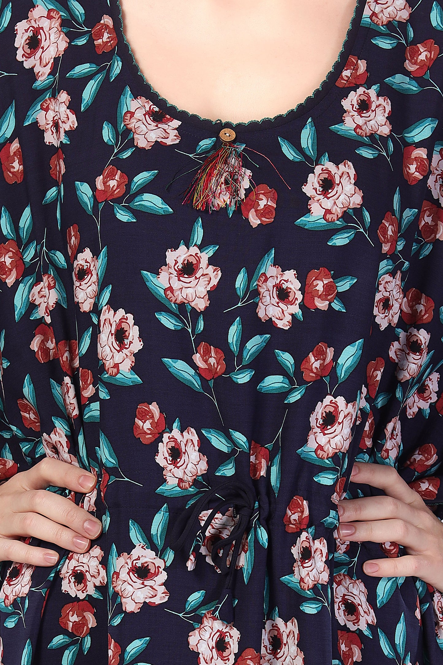Digital Flower Print Rayon Short Sleeves Kaftan With Pockets