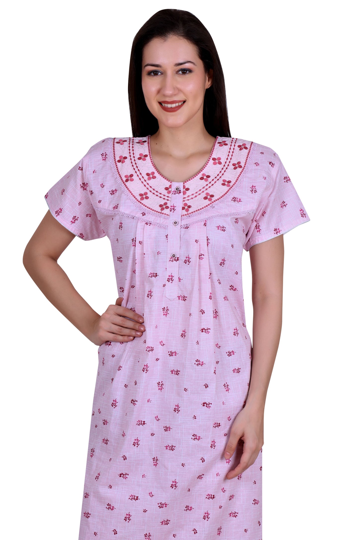 Floral Printed Cotton Long Nighty With Neck Embroidery And Side Pocket