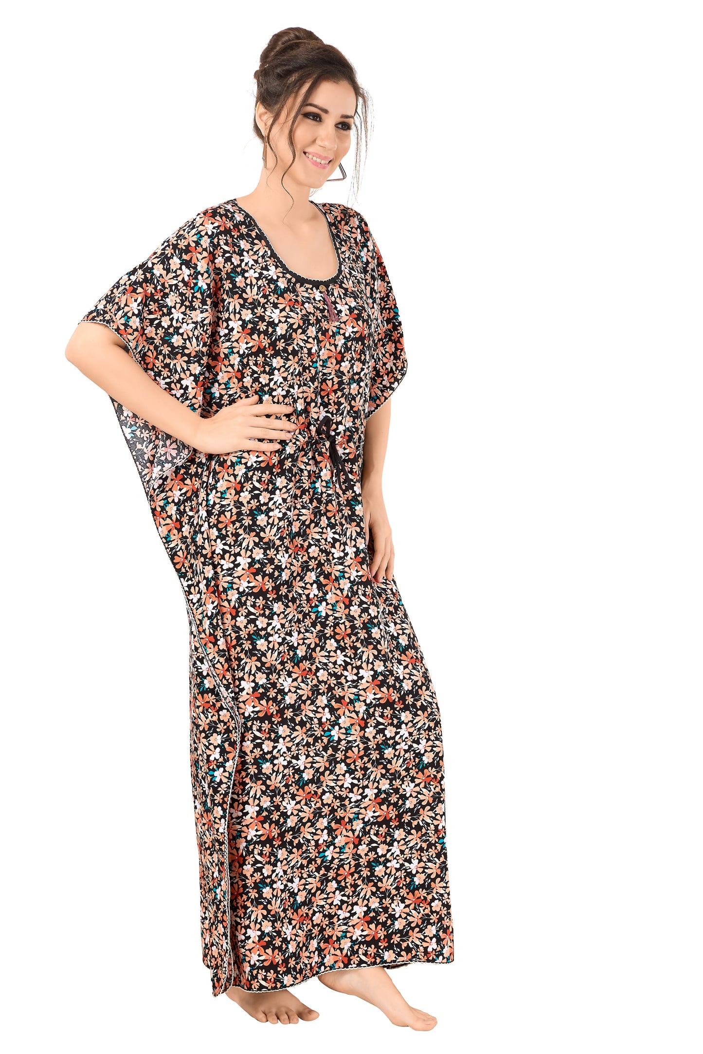 Floral Print Short Sleeve U Neck Rayon Kaftan