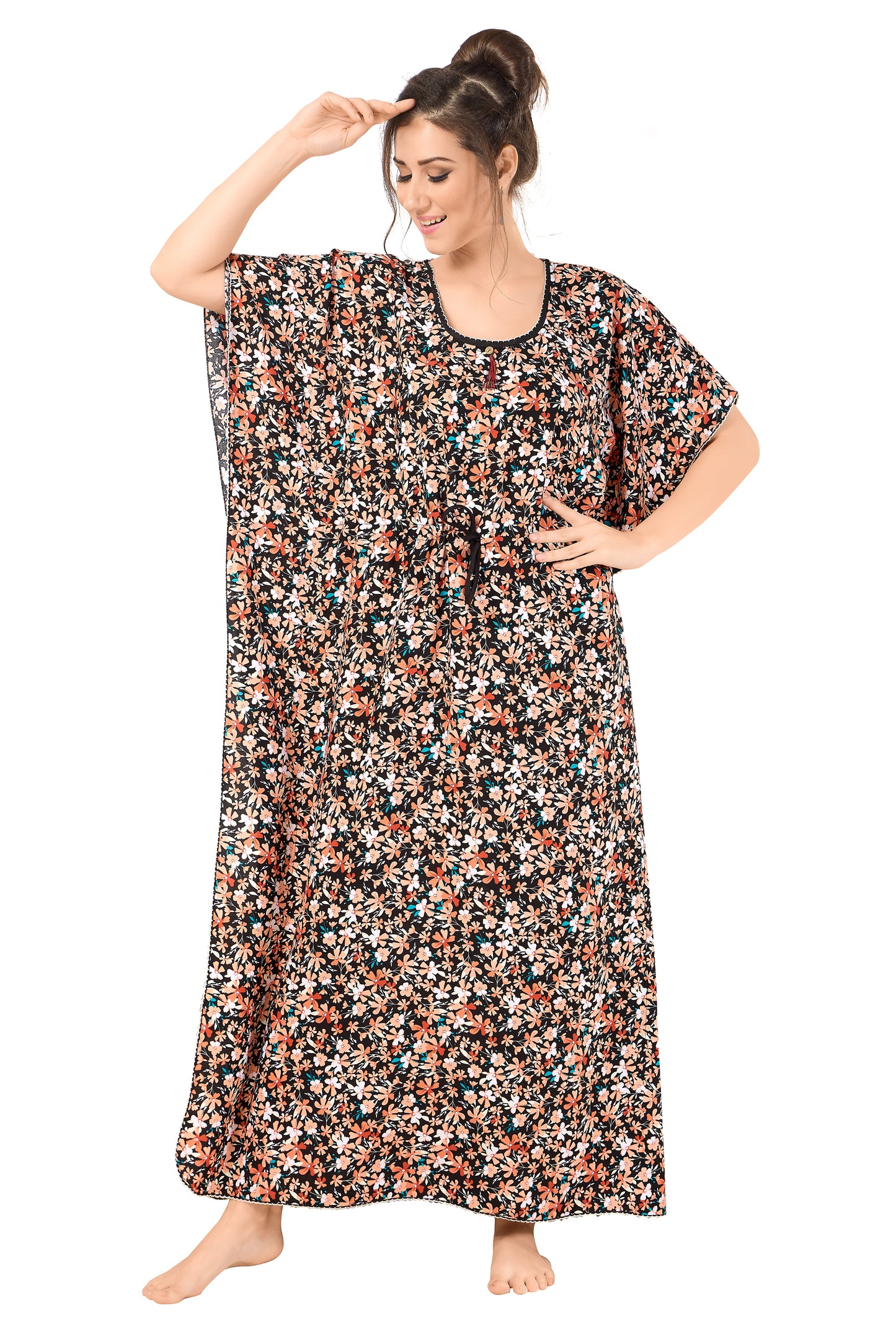 Floral Print Short Sleeve U Neck Rayon Kaftan