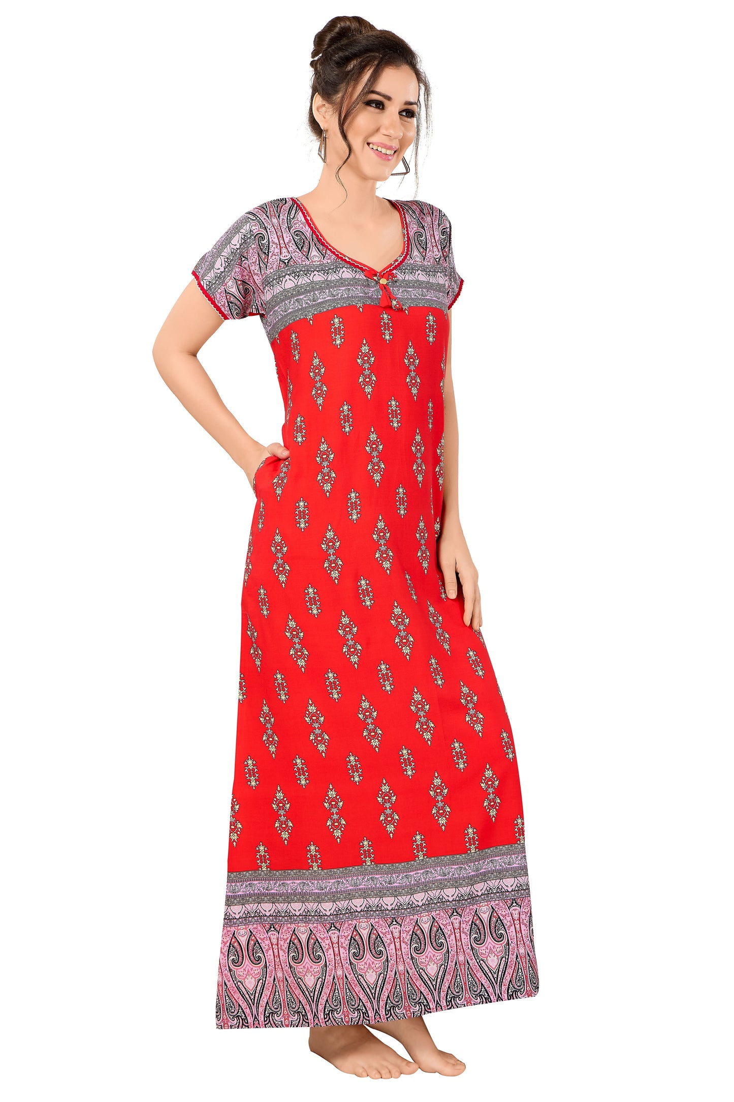 Floral Print Short Sleeve Round Neck Rayon Nighty With Side Pocket
