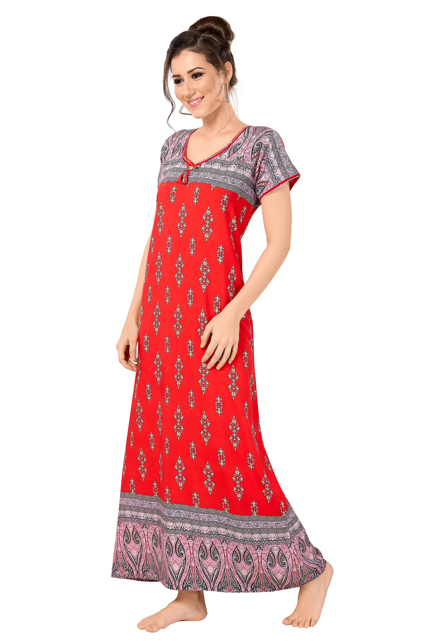 Floral Print Short Sleeve Round Neck Rayon Nighty With Side Pocket