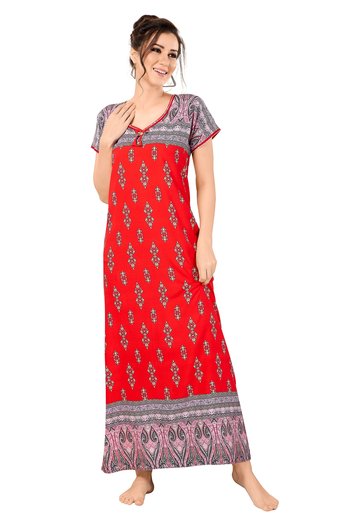 Floral Print Short Sleeve Round Neck Rayon Nighty With Side Pocket