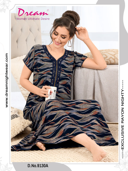 Floral Print Short Sleeve V Neck Rayon Nighty With Side Pocket