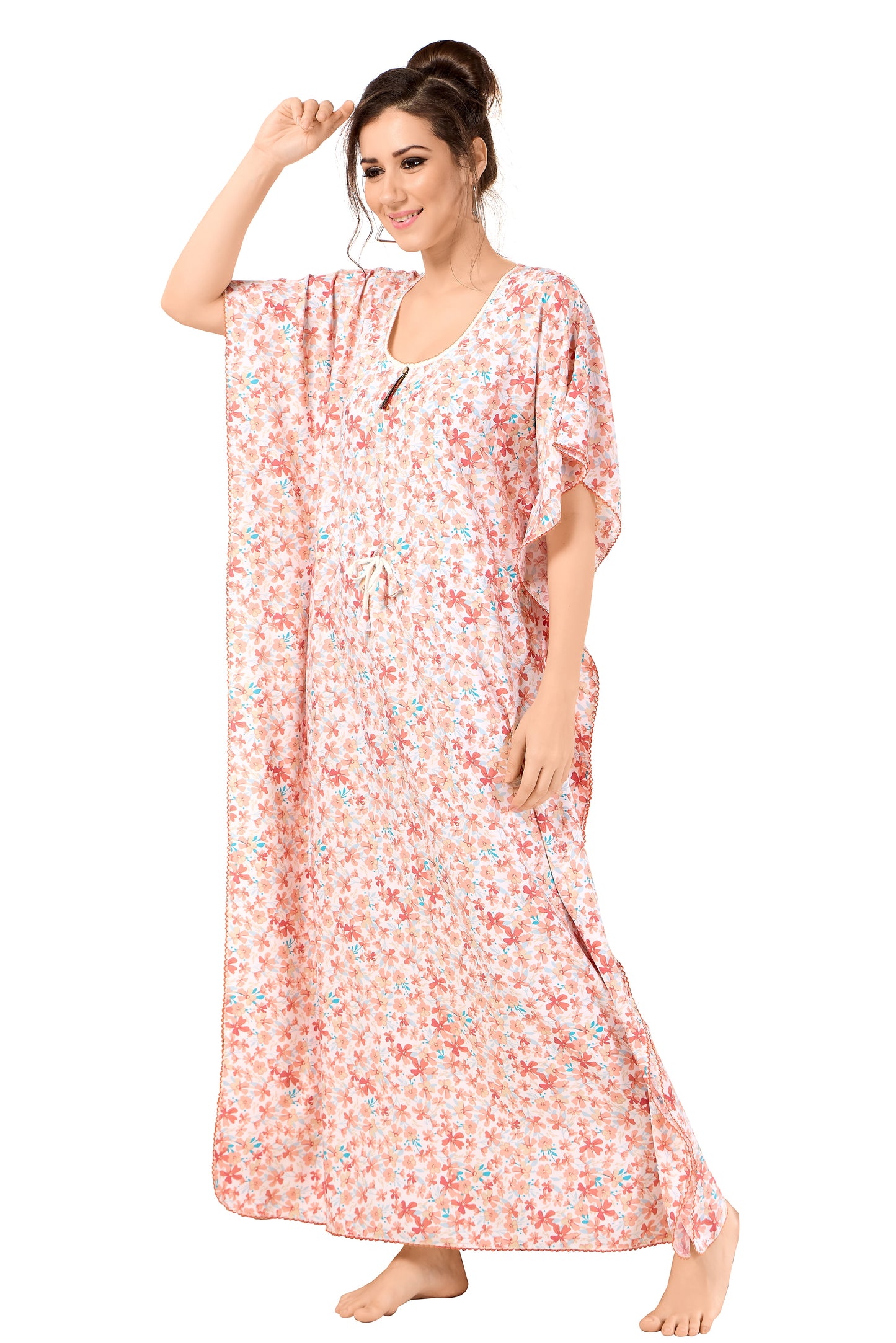 Floral Print Short Sleeve U Neck Rayon Kaftan