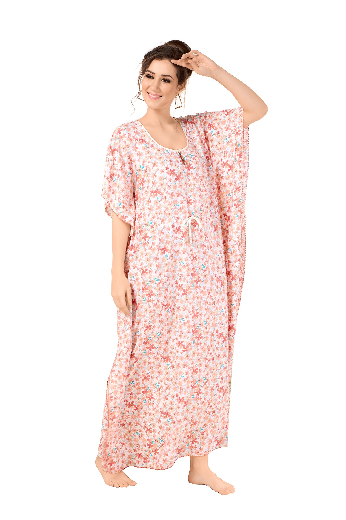 Floral Print Short Sleeve U Neck Rayon Kaftan