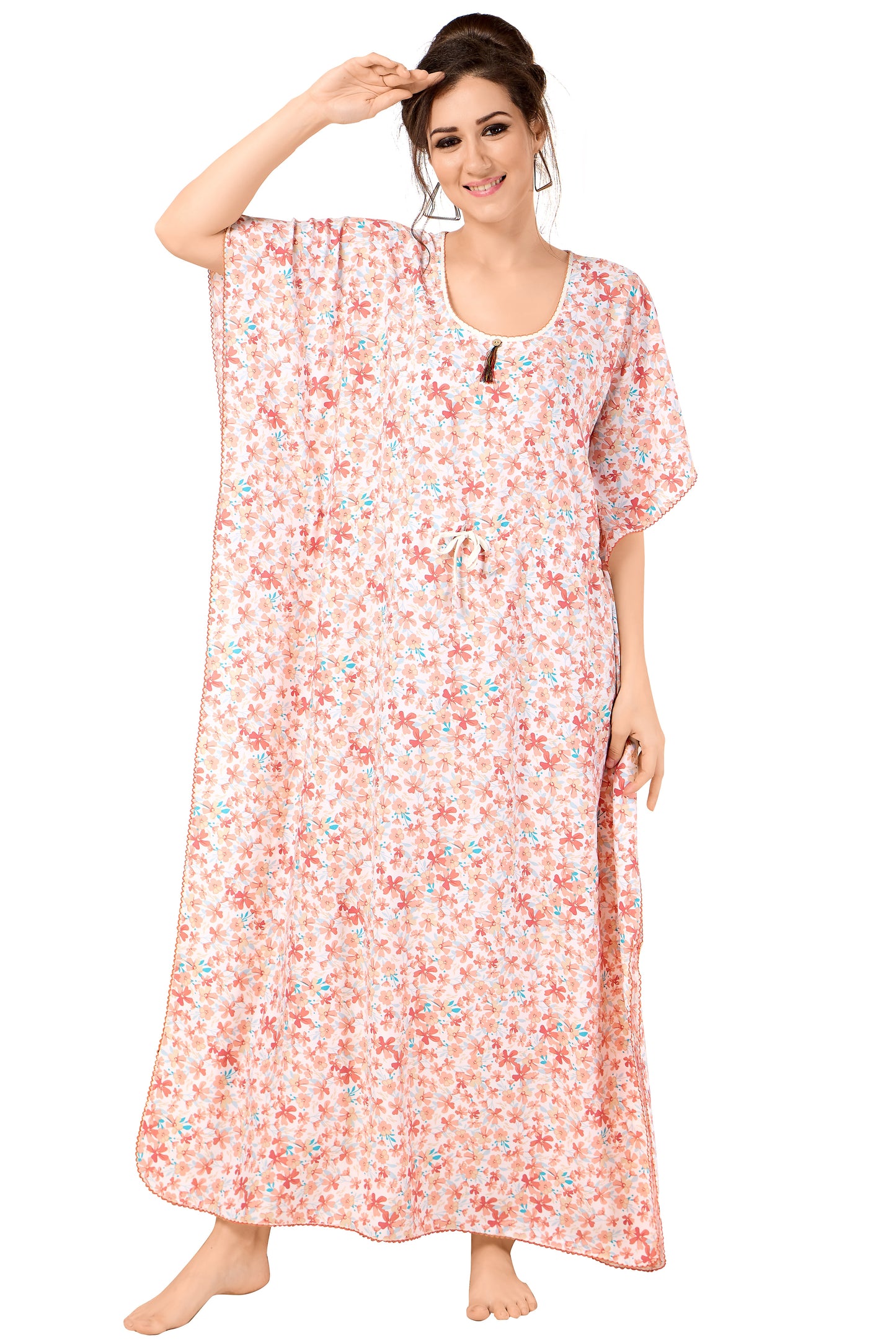 Floral Print Short Sleeve U Neck Rayon Kaftan