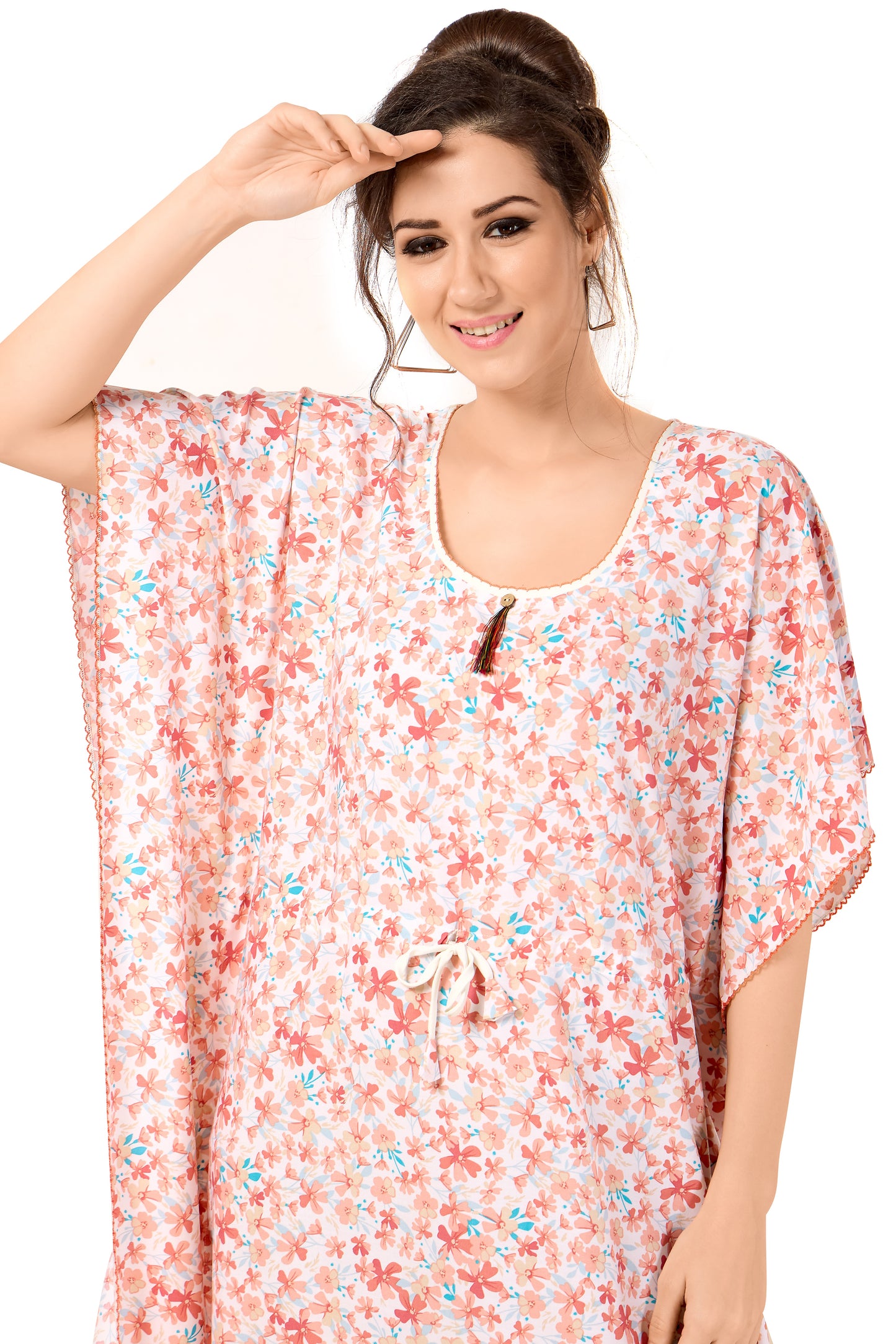 Floral Print Short Sleeve U Neck Rayon Kaftan