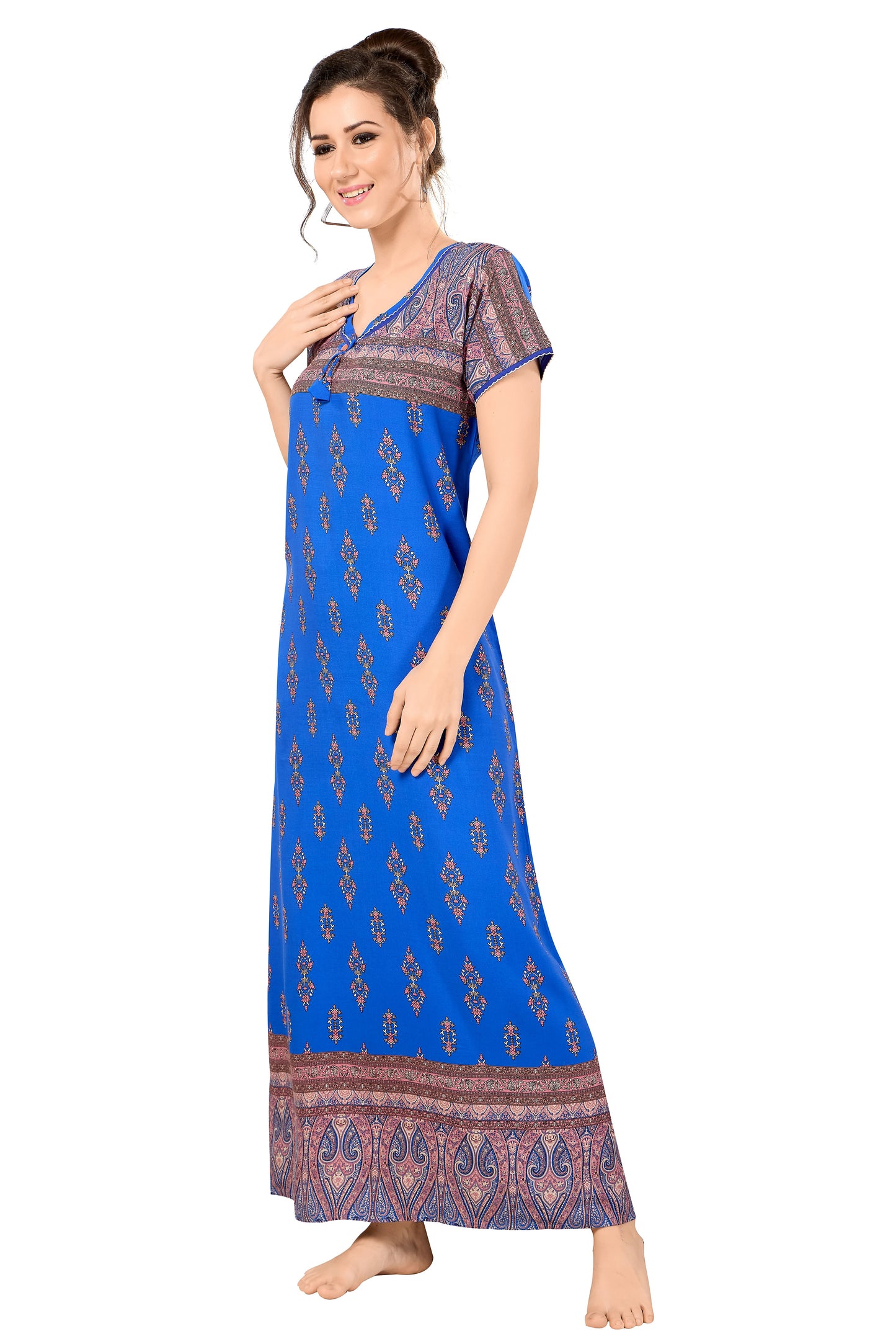 Floral Print Short Sleeve Round Neck Rayon Nighty With Side Pocket