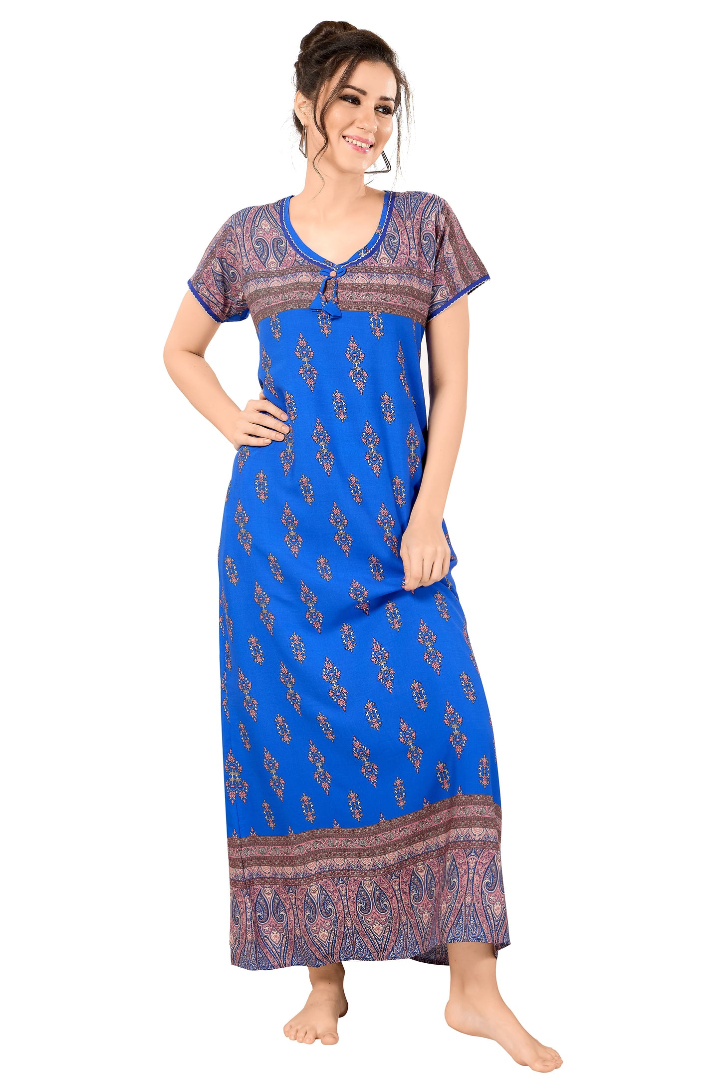 Floral Print Short Sleeve Round Neck Rayon Nighty With Side Pocket