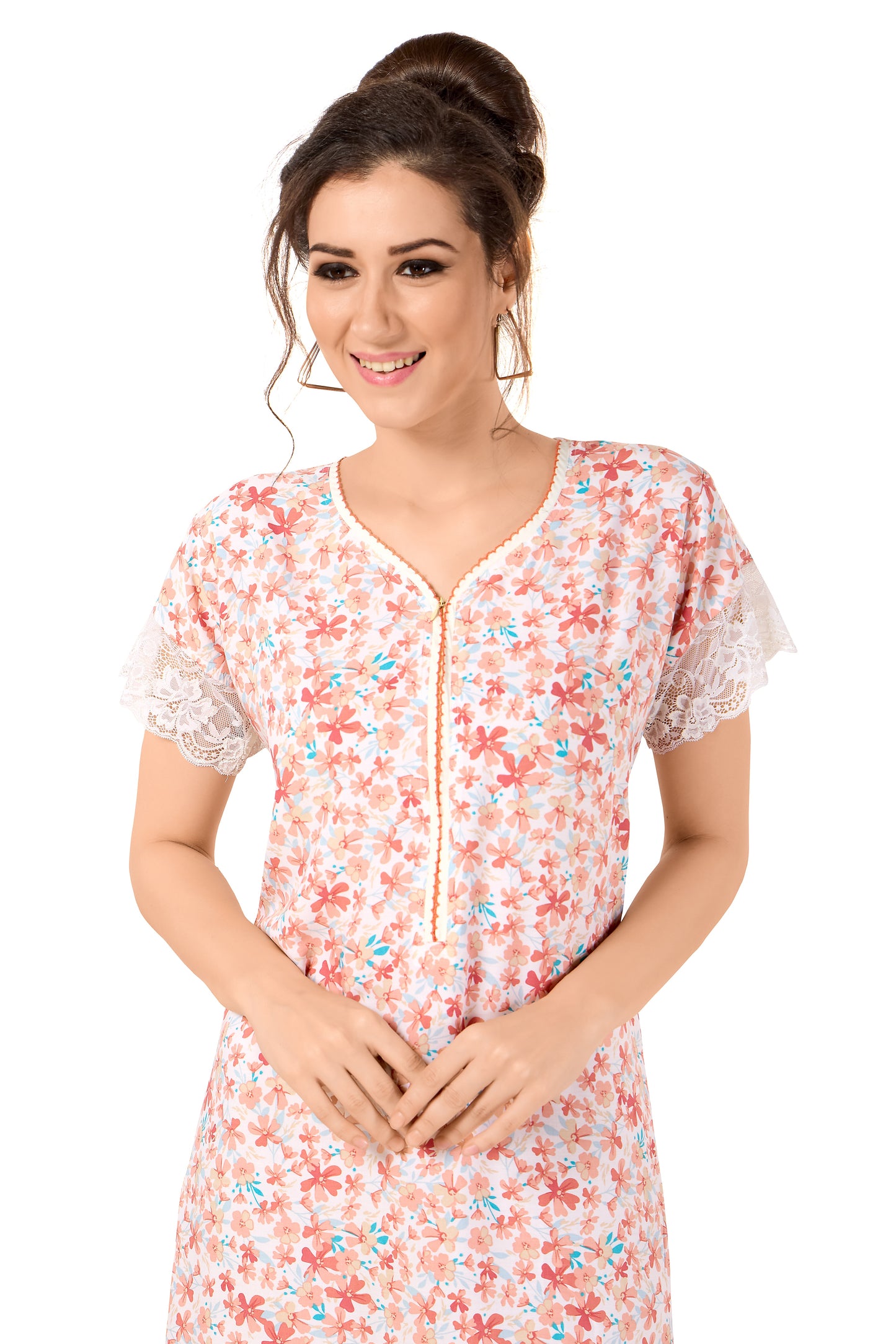 Floral Print Short Sleeve V Neck Rayon Nighty With Side Pocket