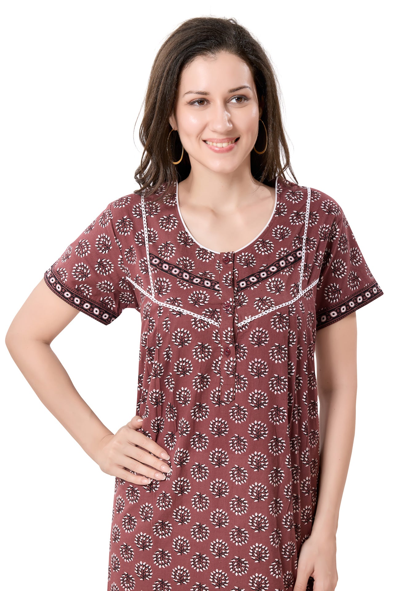 Women's Jaipuri Cotton Nighty With Side Pocket
