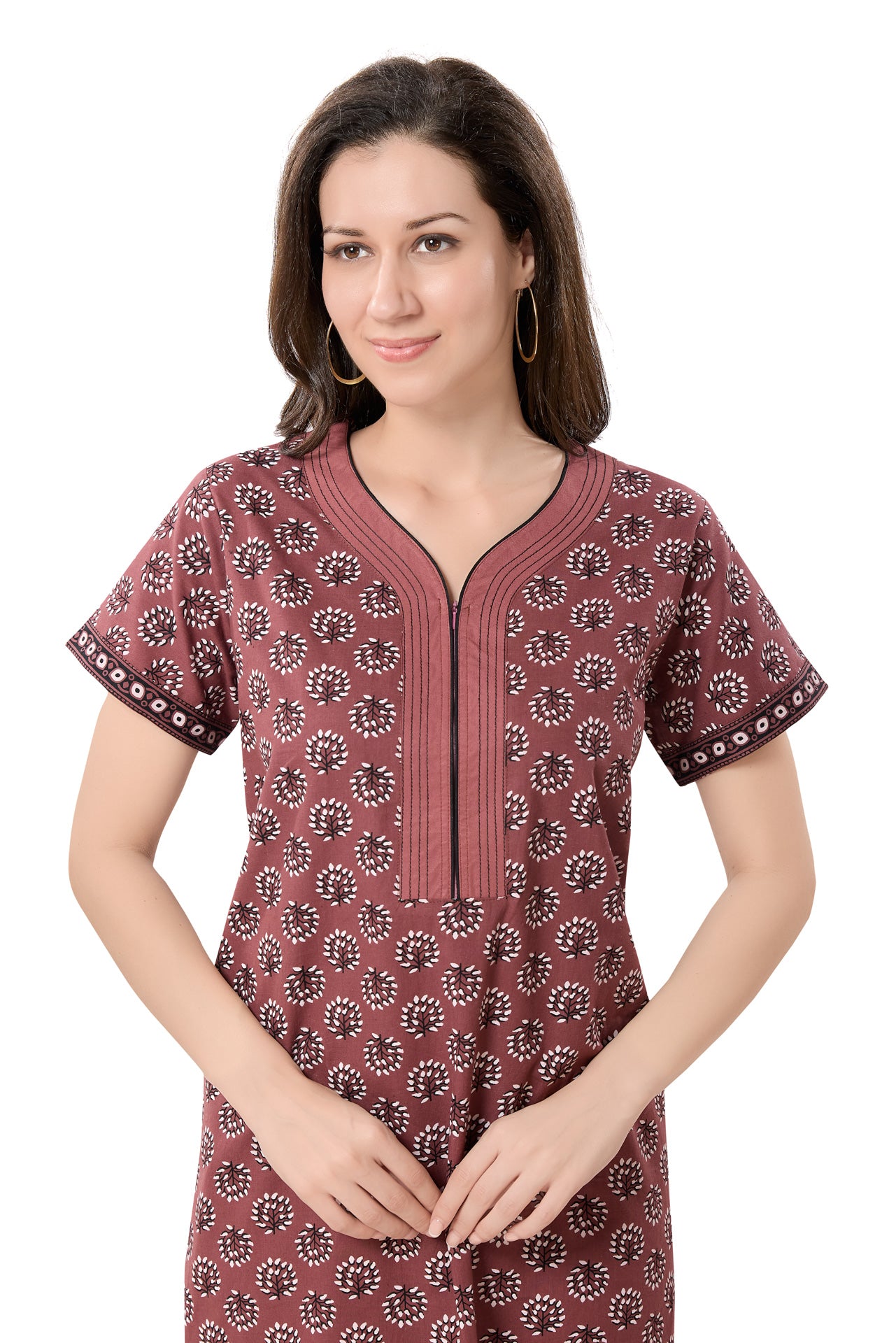 Women's Jaipuri Cotton Nighty with Side Pocket