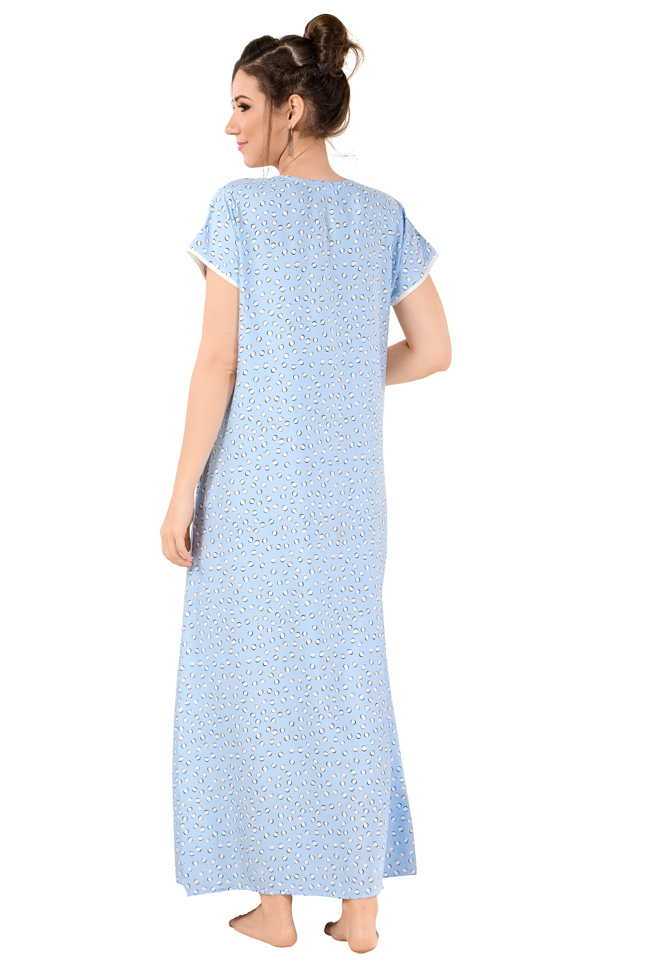 Floral Print Short Sleeve Round Neck Rayon Nighty With Side Pocket