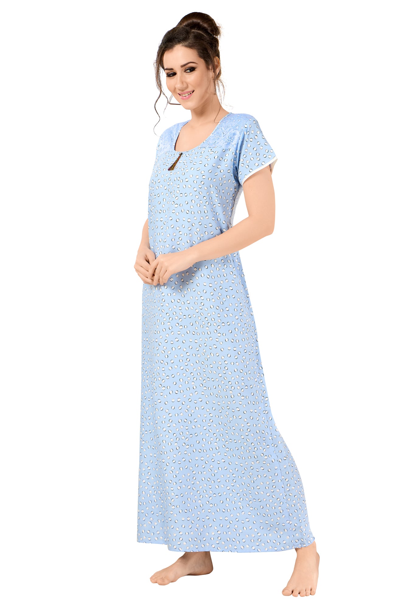 Floral Print Short Sleeve Round Neck Rayon Nighty With Side Pocket