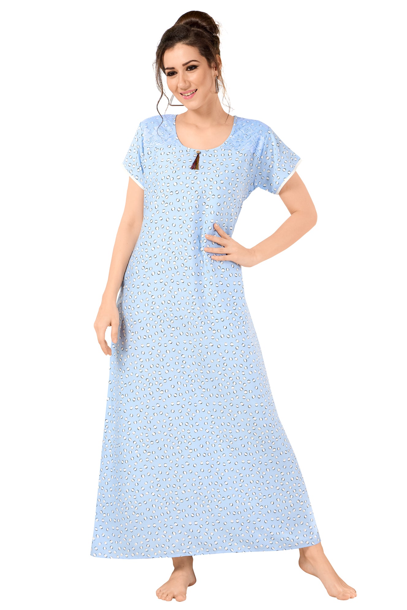 Floral Print Short Sleeve Round Neck Rayon Nighty With Side Pocket