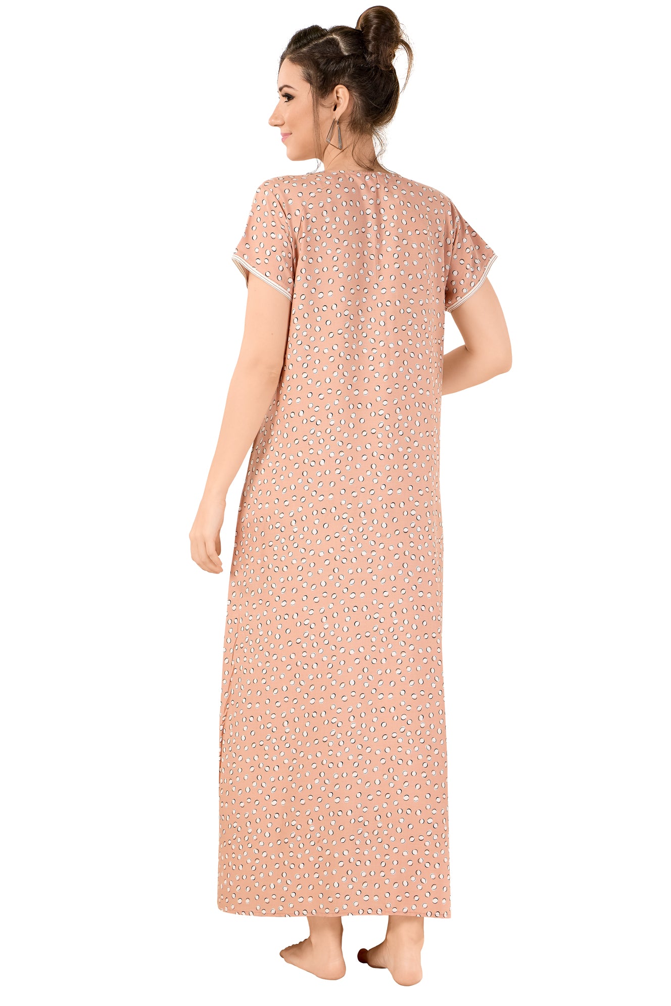 Floral Print Short Sleeve Round Neck Rayon Nighty With Side Pocket