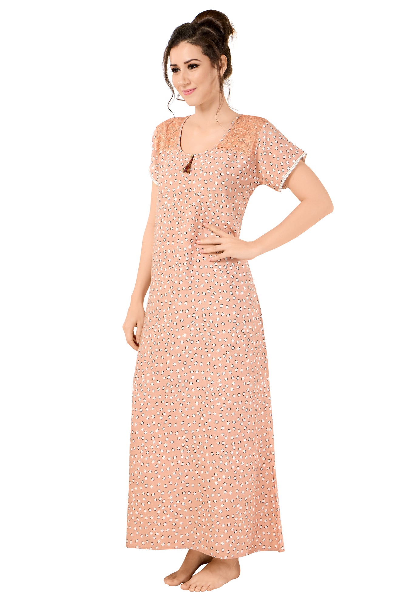 Floral Print Short Sleeve Round Neck Rayon Nighty With Side Pocket