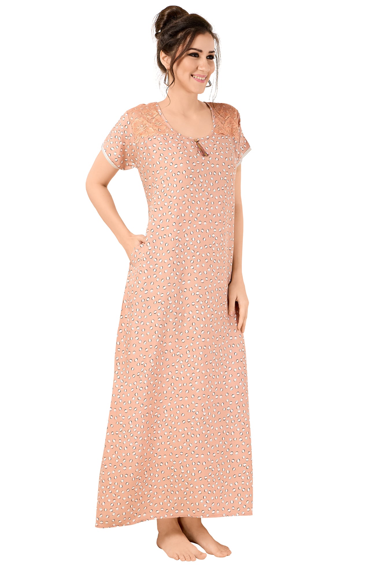 Floral Print Short Sleeve Round Neck Rayon Nighty With Side Pocket