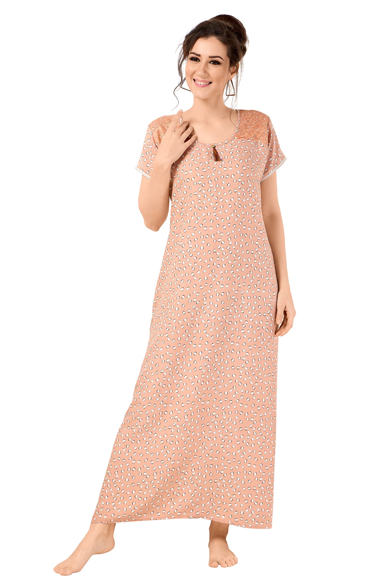 Floral Print Short Sleeve Round Neck Rayon Nighty With Side Pocket