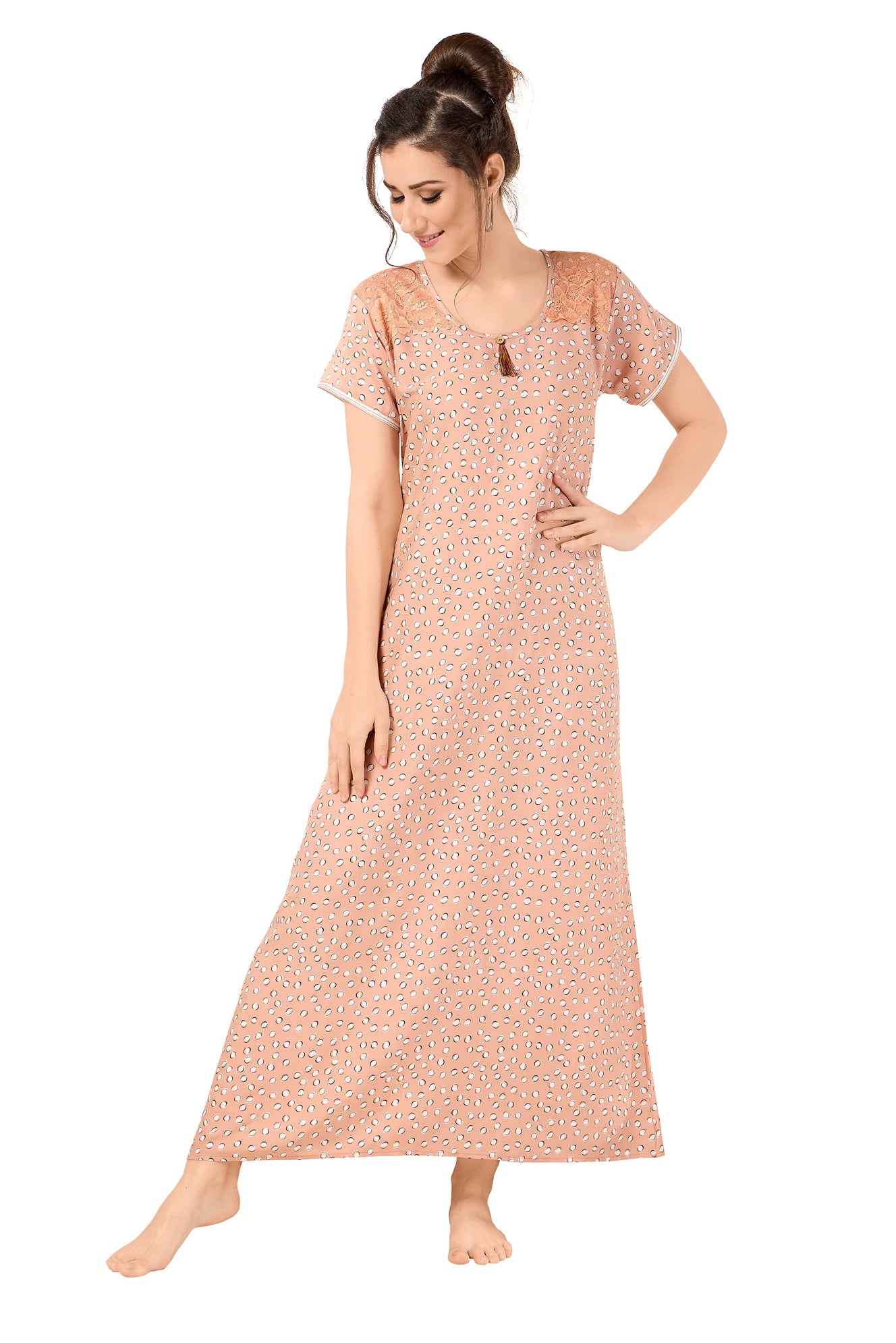 Floral Print Short Sleeve Round Neck Rayon Nighty With Side Pocket