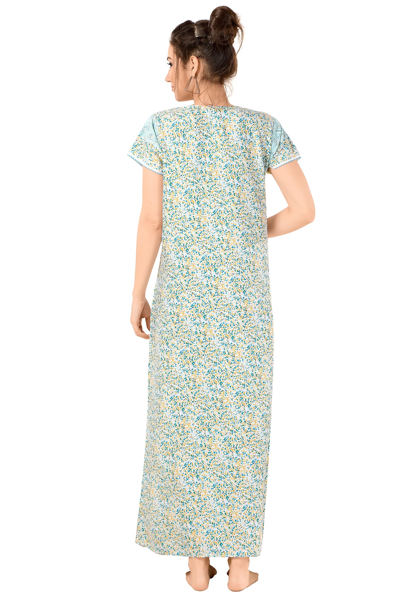 Floral Print Short Sleeve Round Neck Rayon Nighty With Side Pocket