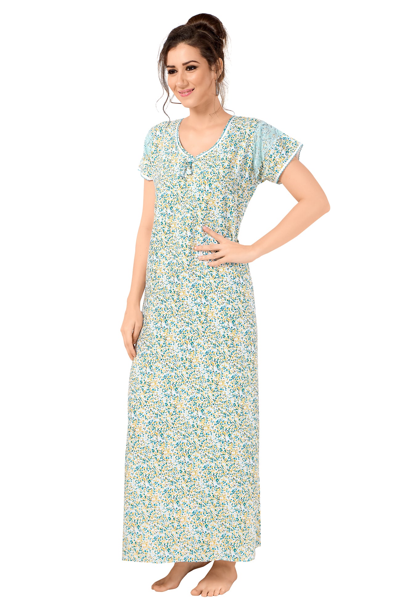 Floral Print Short Sleeve Round Neck Rayon Nighty With Side Pocket