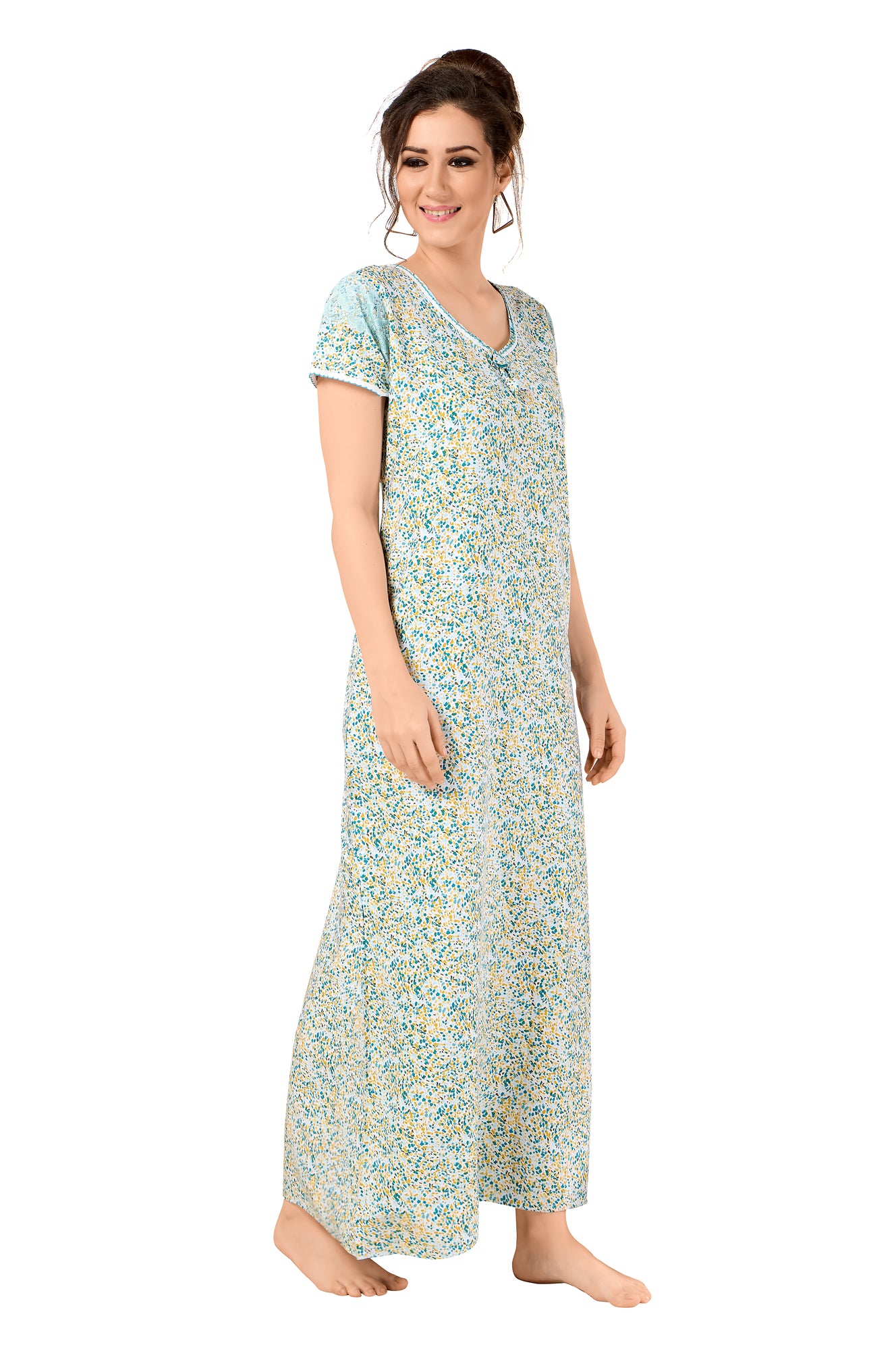 Floral Print Short Sleeve Round Neck Rayon Nighty With Side Pocket