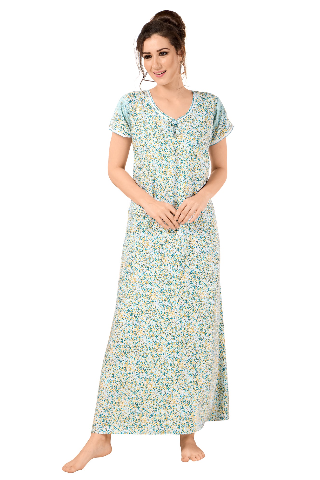 Floral Print Short Sleeve Round Neck Rayon Nighty With Side Pocket