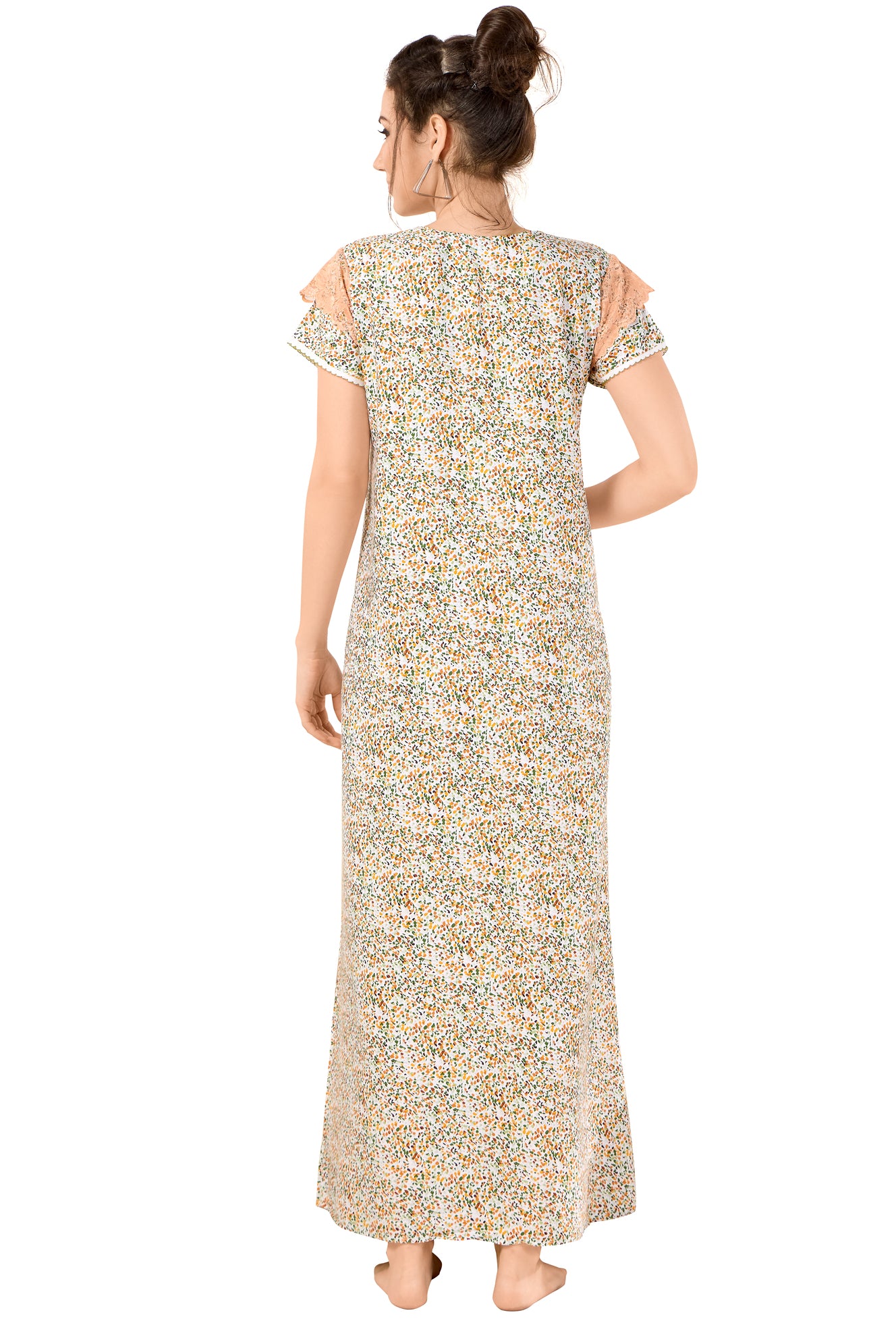 Floral Print Short Sleeve Round Neck Rayon Nighty With Side Pocket