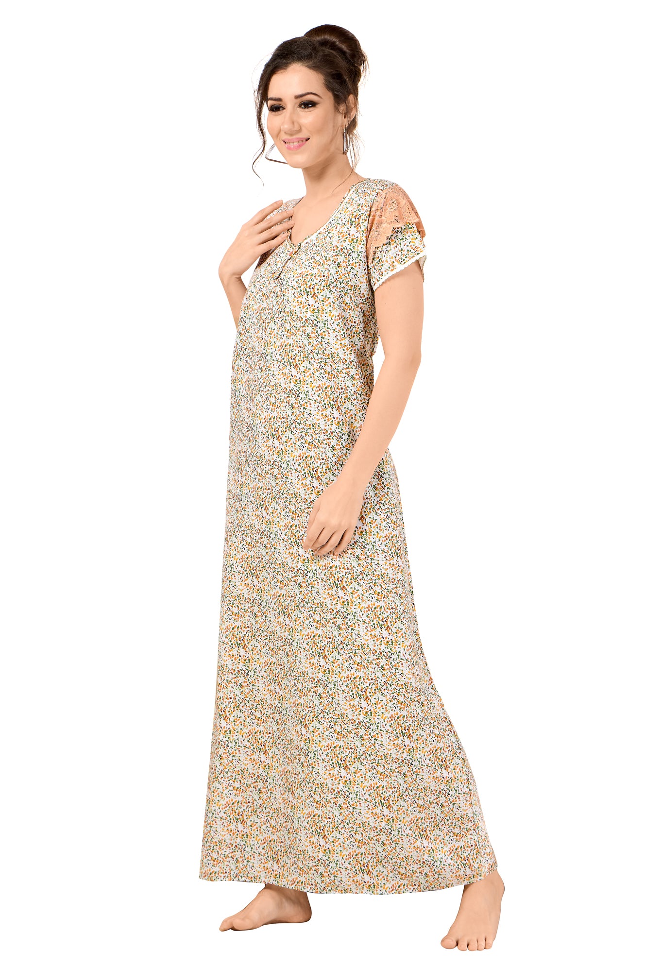 Floral Print Short Sleeve Round Neck Rayon Nighty With Side Pocket