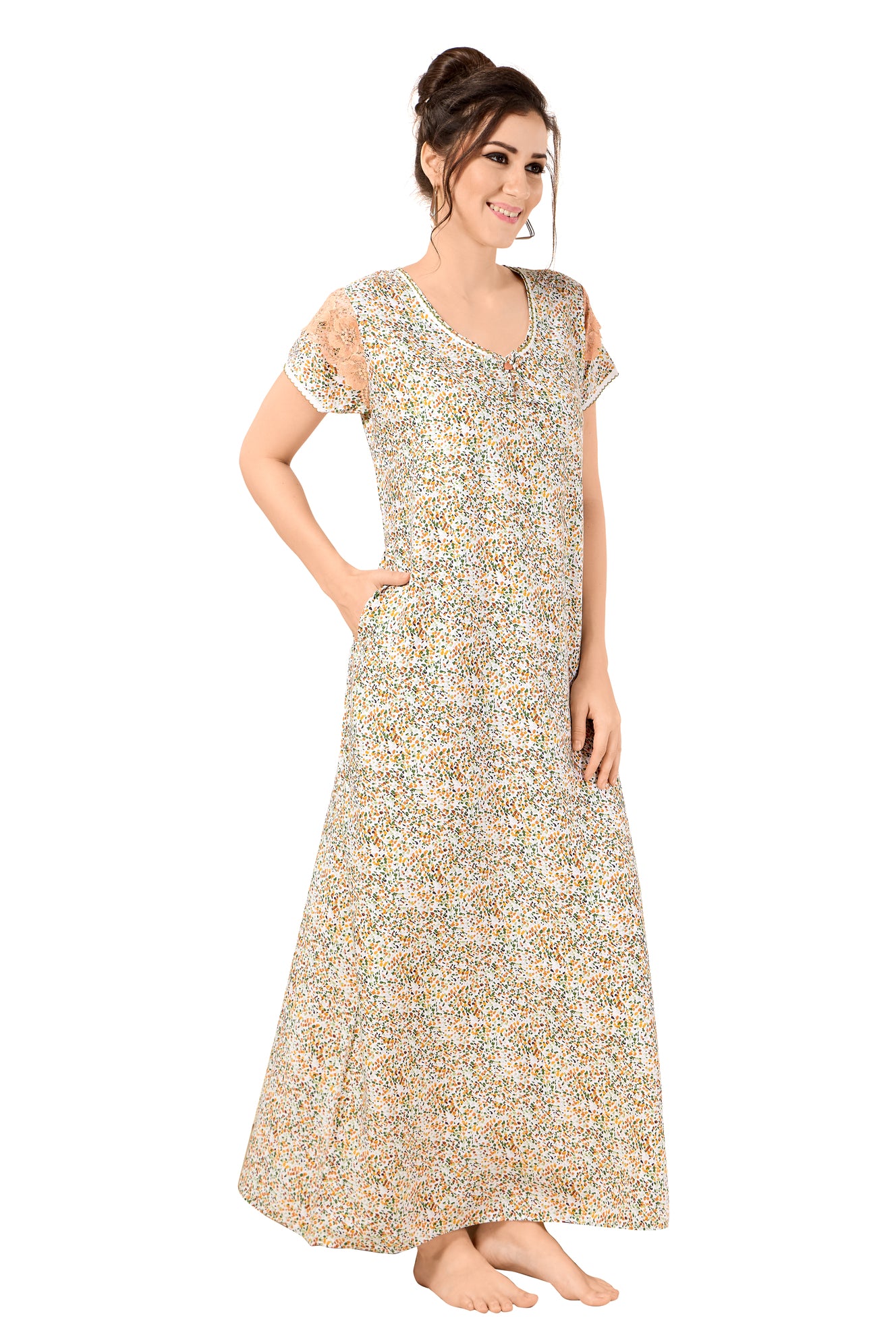 Floral Print Short Sleeve Round Neck Rayon Nighty With Side Pocket