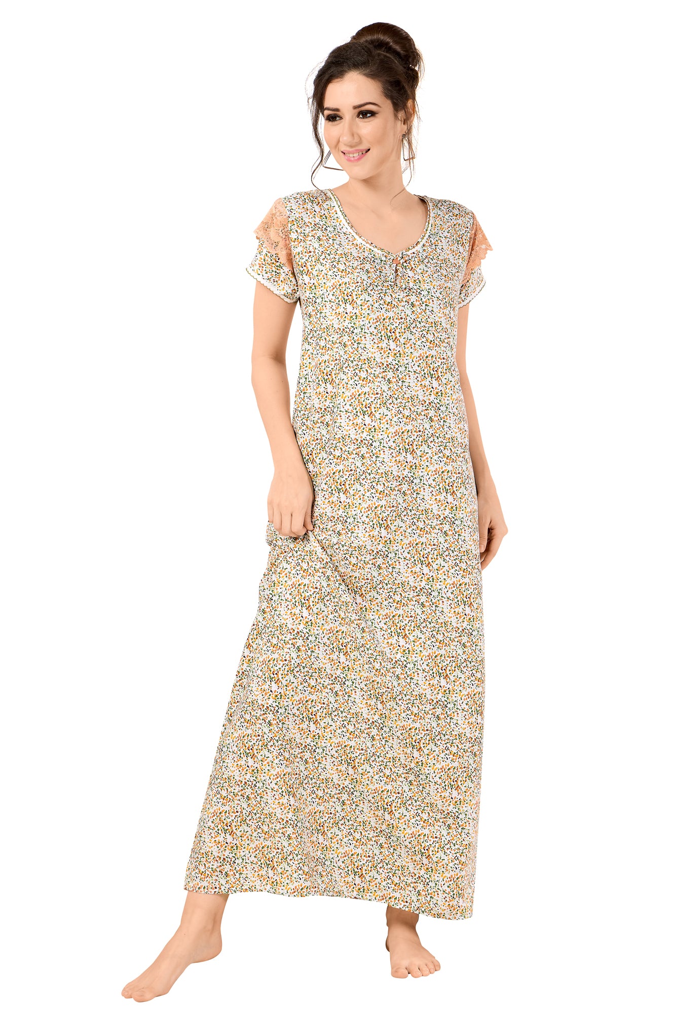 Floral Print Short Sleeve Round Neck Rayon Nighty With Side Pocket