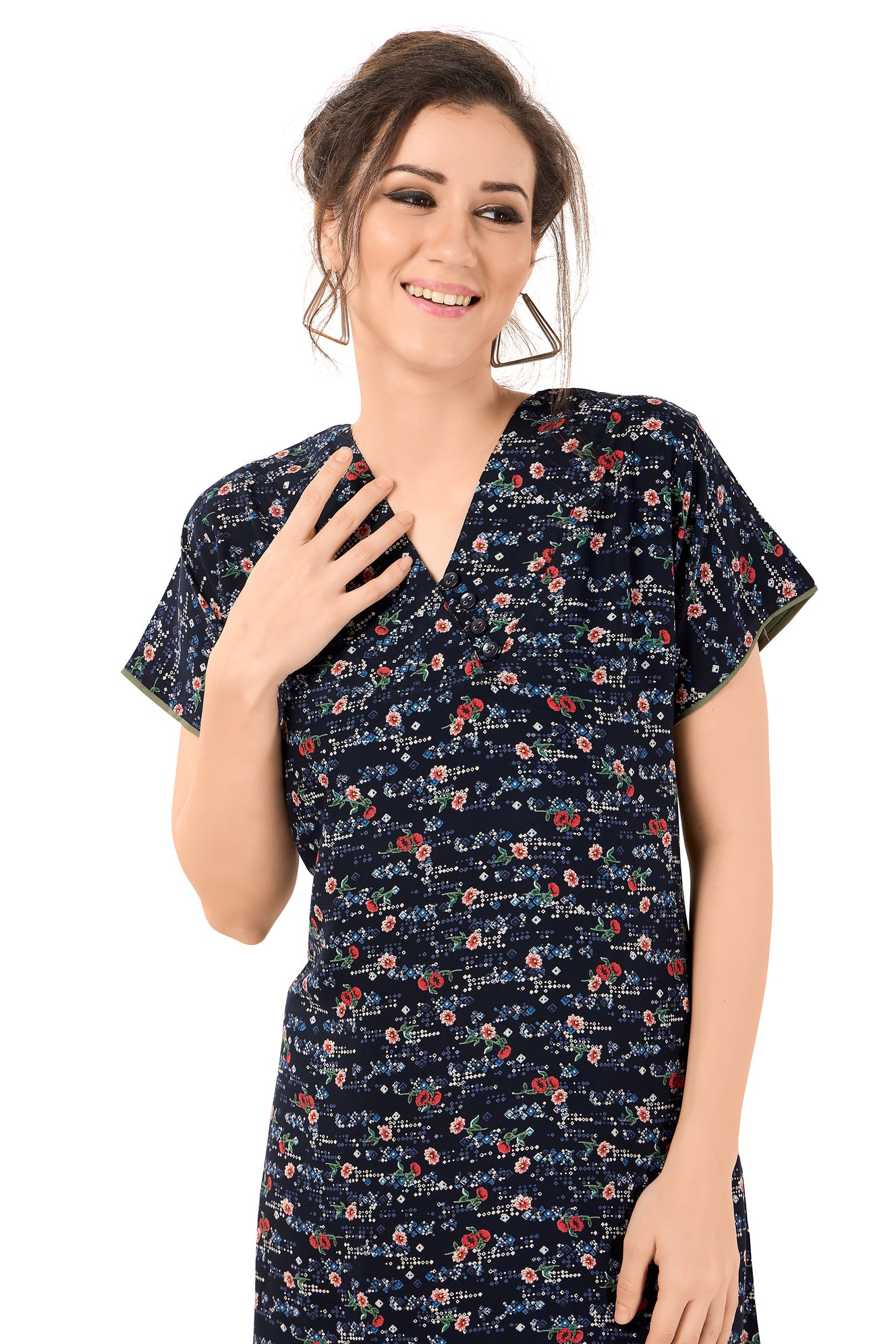 Floral Print Short Sleeve V Neck Rayon Nighty With Side Pocket