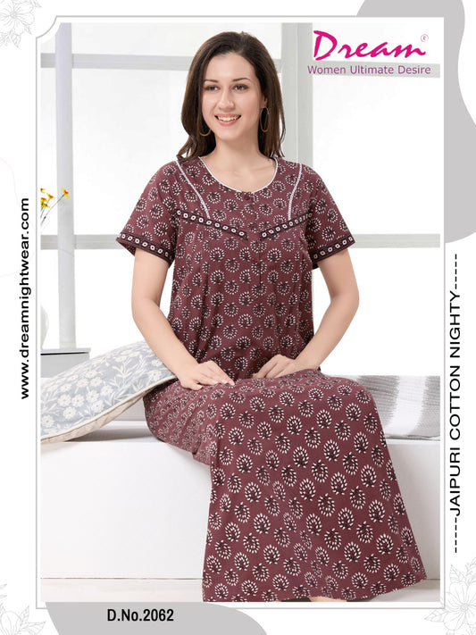Women's Jaipuri Cotton Nighty With Side Pocket