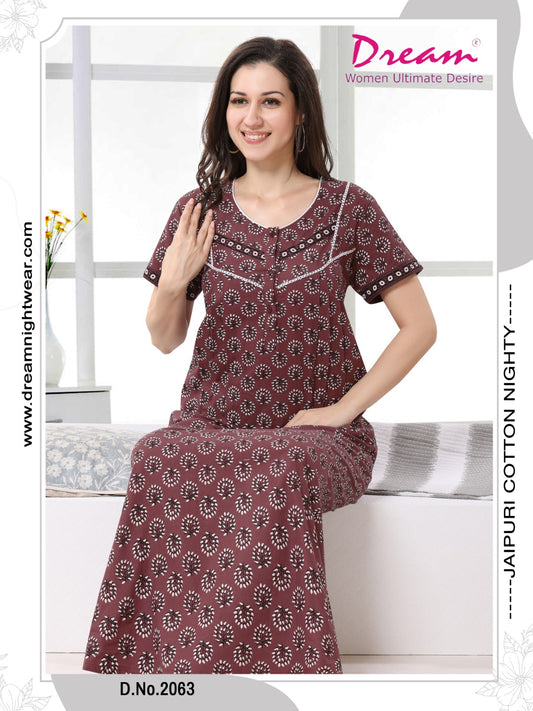 Women's Jaipuri Cotton Nighty With Side Pocket