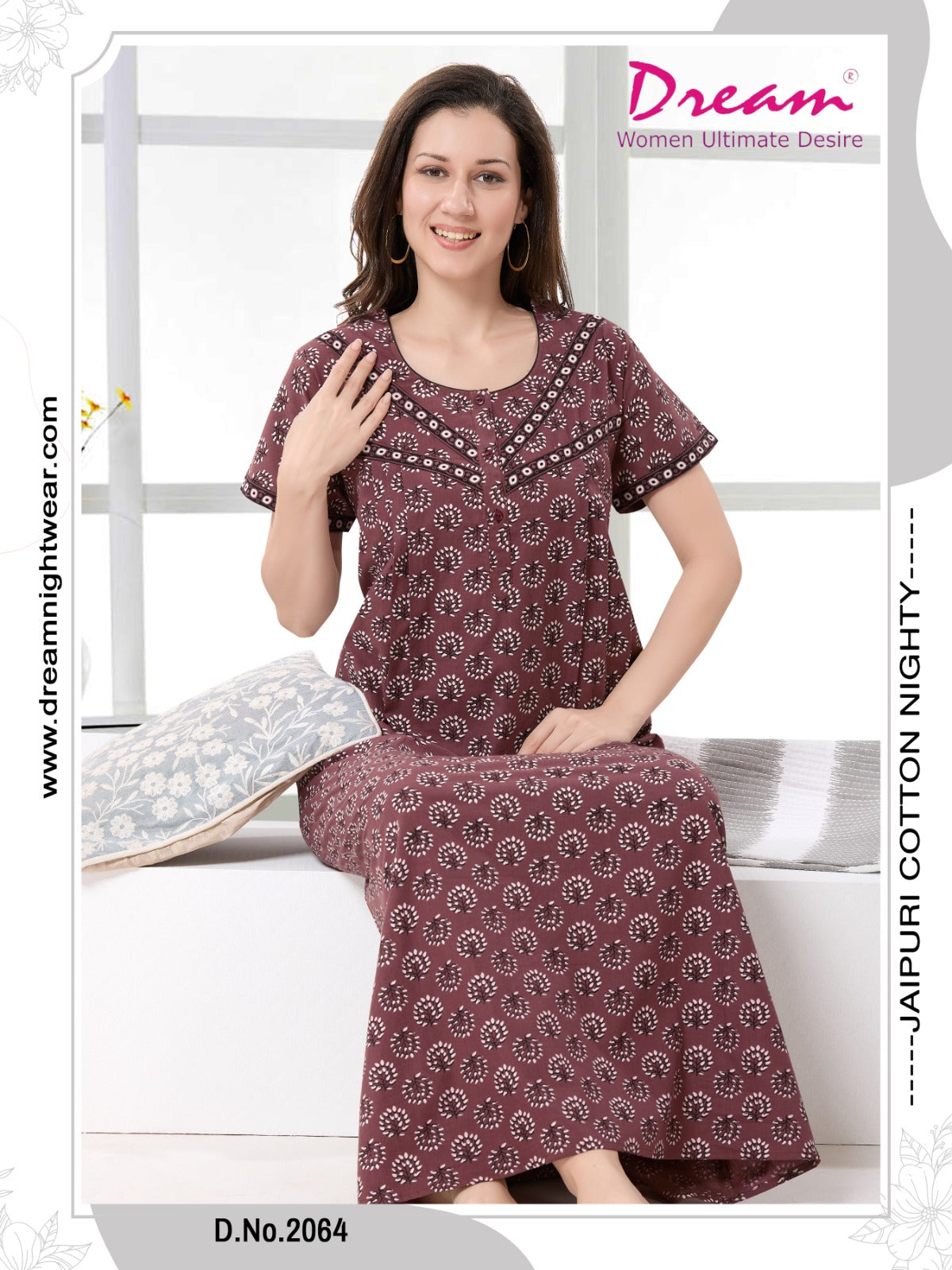 Women's Jaipuri Cotton Nighty with Side Pocket