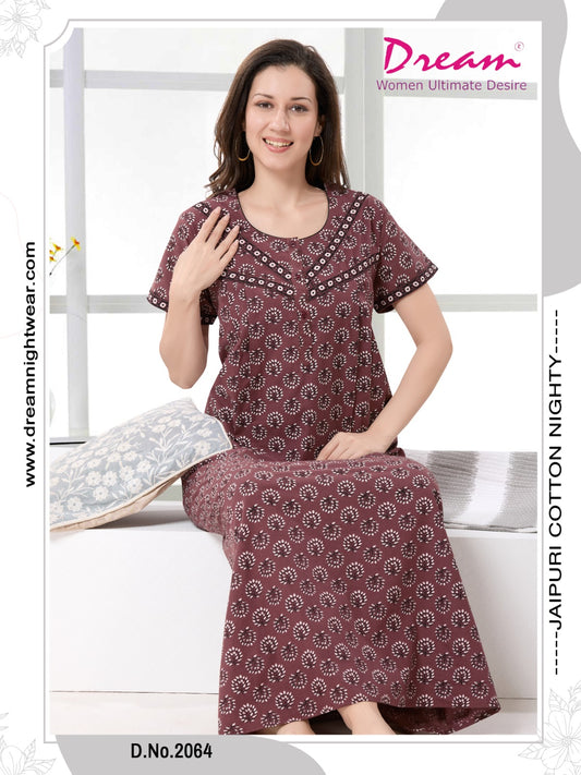 Women's Jaipuri Cotton Nighty with Side Pocket